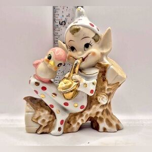 MCM Polkadot Pixie Figurine 1950's Japan Elf wit Saxophone & Pink Bird by THAMES